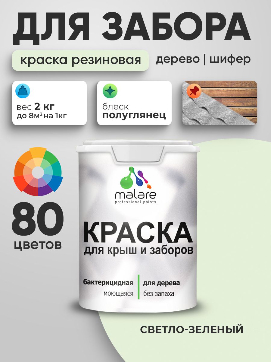 Резиновая краска Malare для деревянного забора/ по дереву для наружных и внутренних работ/ быстросохнущая моющаяся без запаха полуглянцевая, светло-зеленый, 2 кг.
