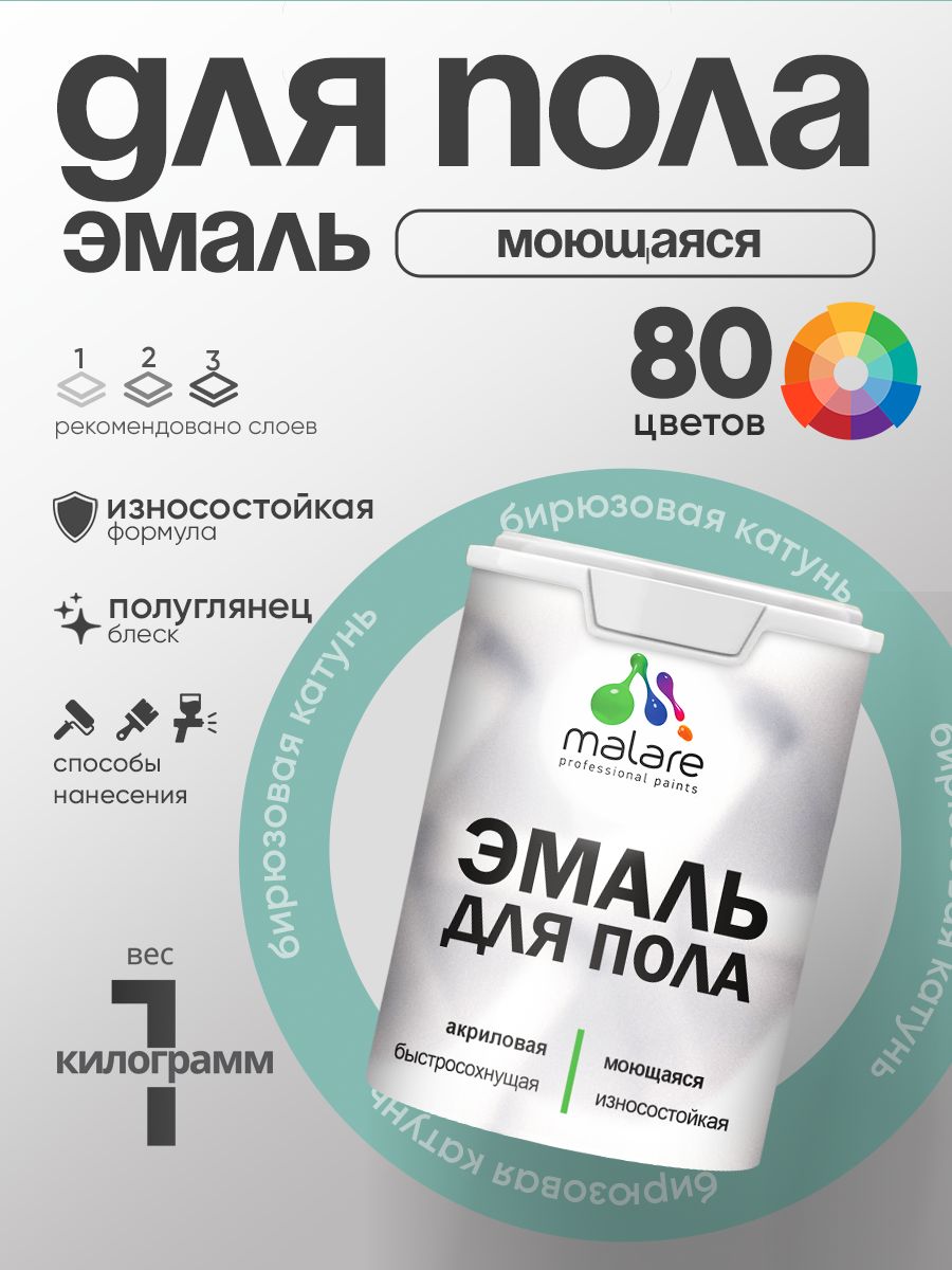 Эмаль для пола акриловая Malare краска для бетонных полов по дереву/ износостойкая без запаха, быстросохнущая моющаяся полуглянцевая, бирюзовая катунь, 1 кг