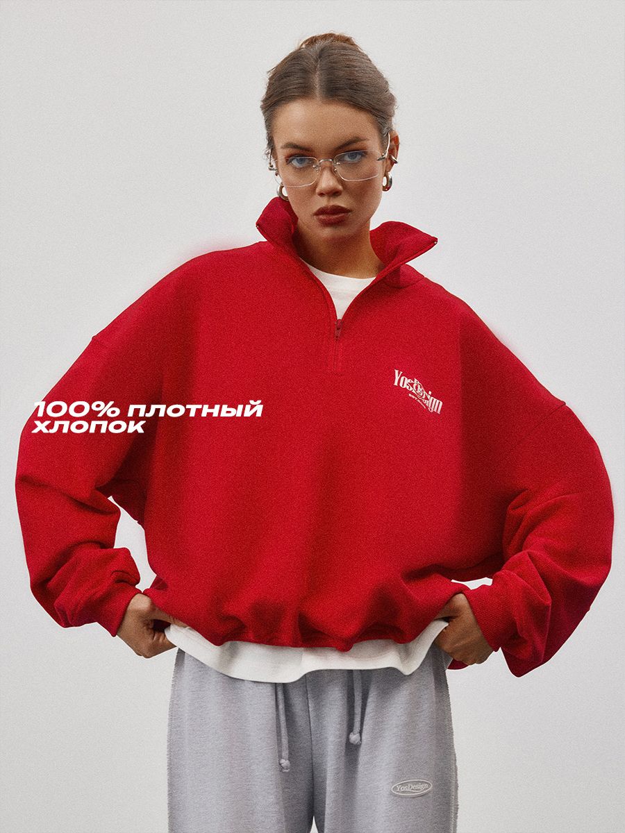 Yos Design Свитшот Женский YOS DESIGN красный Молния Хлопок, размер универсальный ...