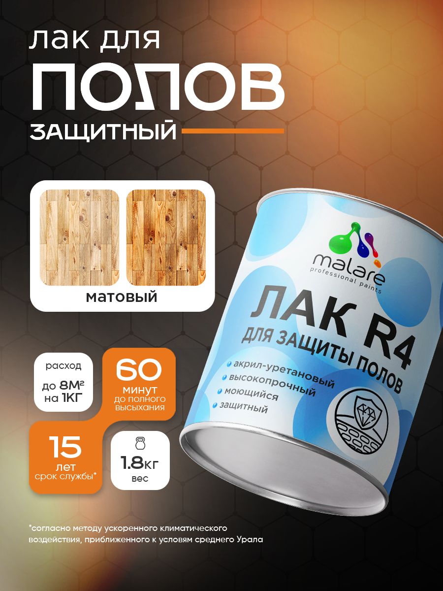Лак для пола, паркета и ламината Malare R4 Professional для дерева и минеральных поверхностей, акрил-уретановый, износостойкий быстросохнущий, прозрачный, матовый 1.8 кг