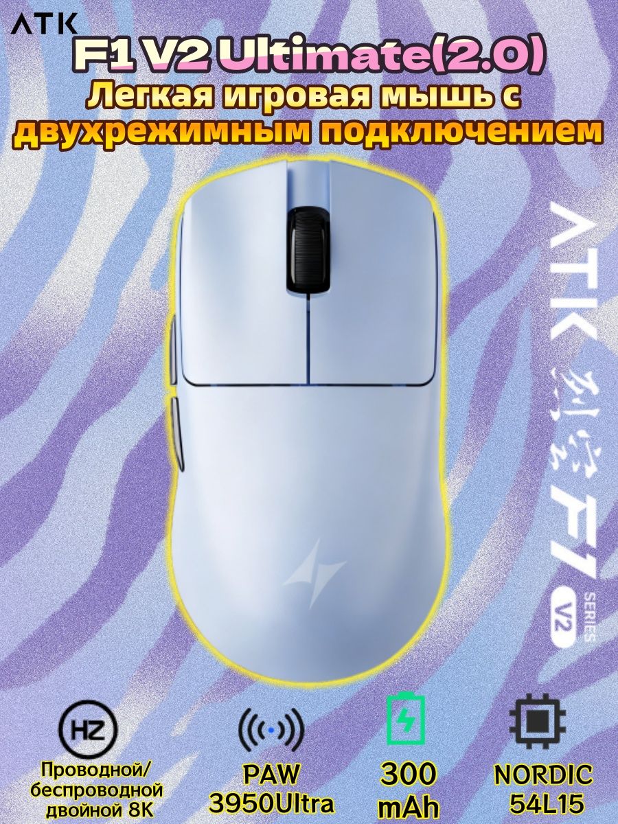 Игровая мышь беспроводная ATK беспроводная F1 V2 Extreme , голубой