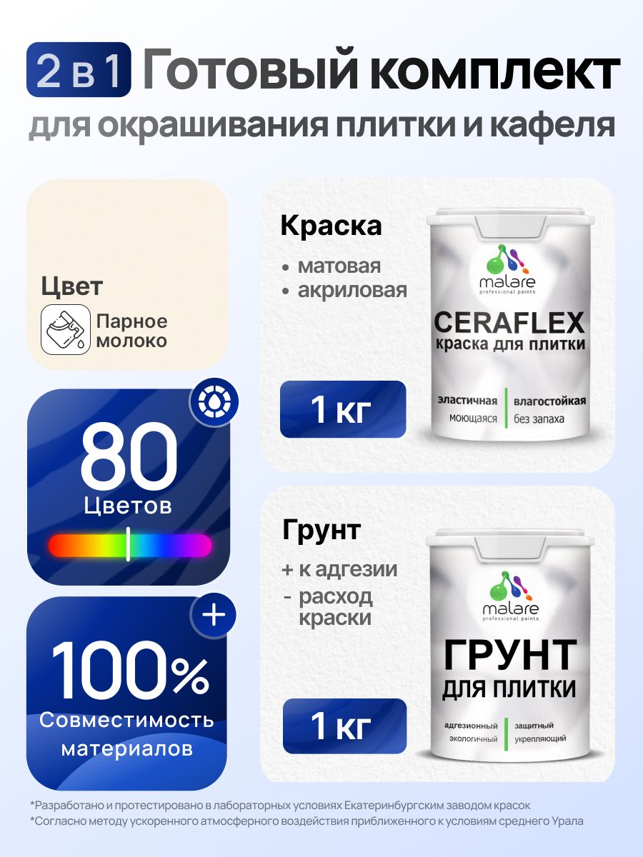 Комплект Malare LIPPO для окрашивания плитки и кафеля (1кг грунт + 1 кг краска), акриловый, без запаха, быстросохнущий, матовый, цвет парное молоко