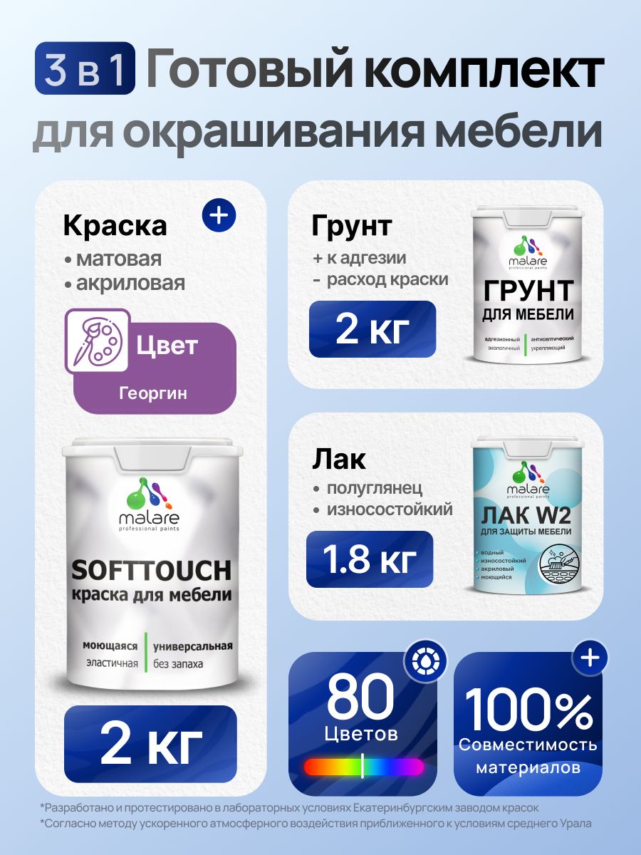 Комплект Malare SoftTouch для окрашивания мебели (2кг грунт + 2кг краска + 1.8кг лак) акриловый без запаха быстросохнущий полуглянцевый, цвет георгин