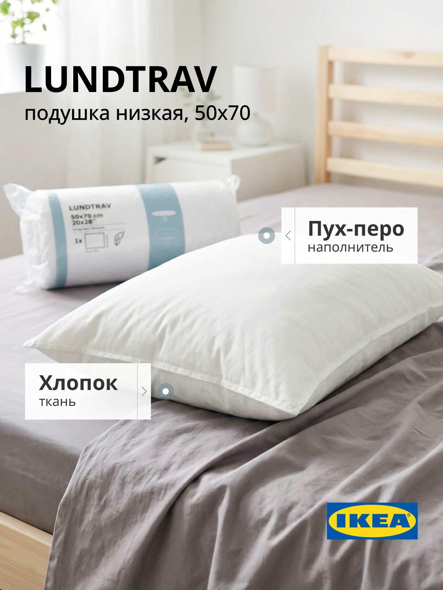 IKEAПодушка50х70пухперо(утиное)дляснанизкая/ИкеяLUNDTRAVlow