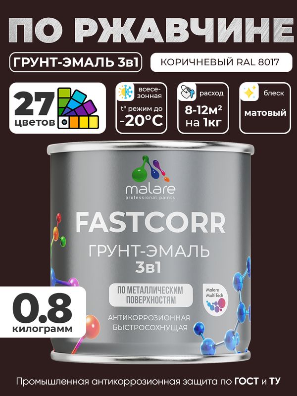 Грунт-эмаль по ржавчине 3 в 1 Malare FastCorr краска для металла, антикоррозионная износостойкая быстросохнущая RAL 8017, коричневый, матовая, 0,8 кг.