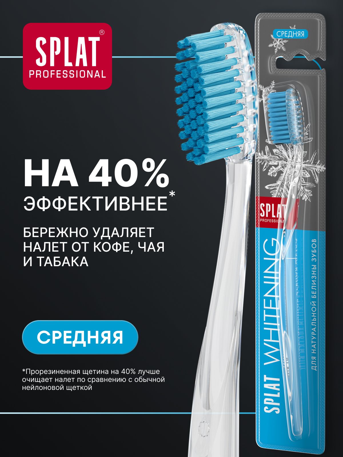Инновационная зубная щетка средней жесткости SPLAT Professional WHITENING для интенсивного и безопасного отбеливания зубов, голубая