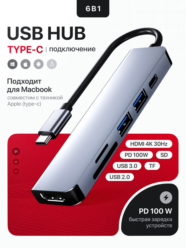 Переходник USB Type-C HUB 6 в 1 для Macbook с HDMI 4K, USB 3.0/2.0, картридер SD/microSD, PD 100W #1