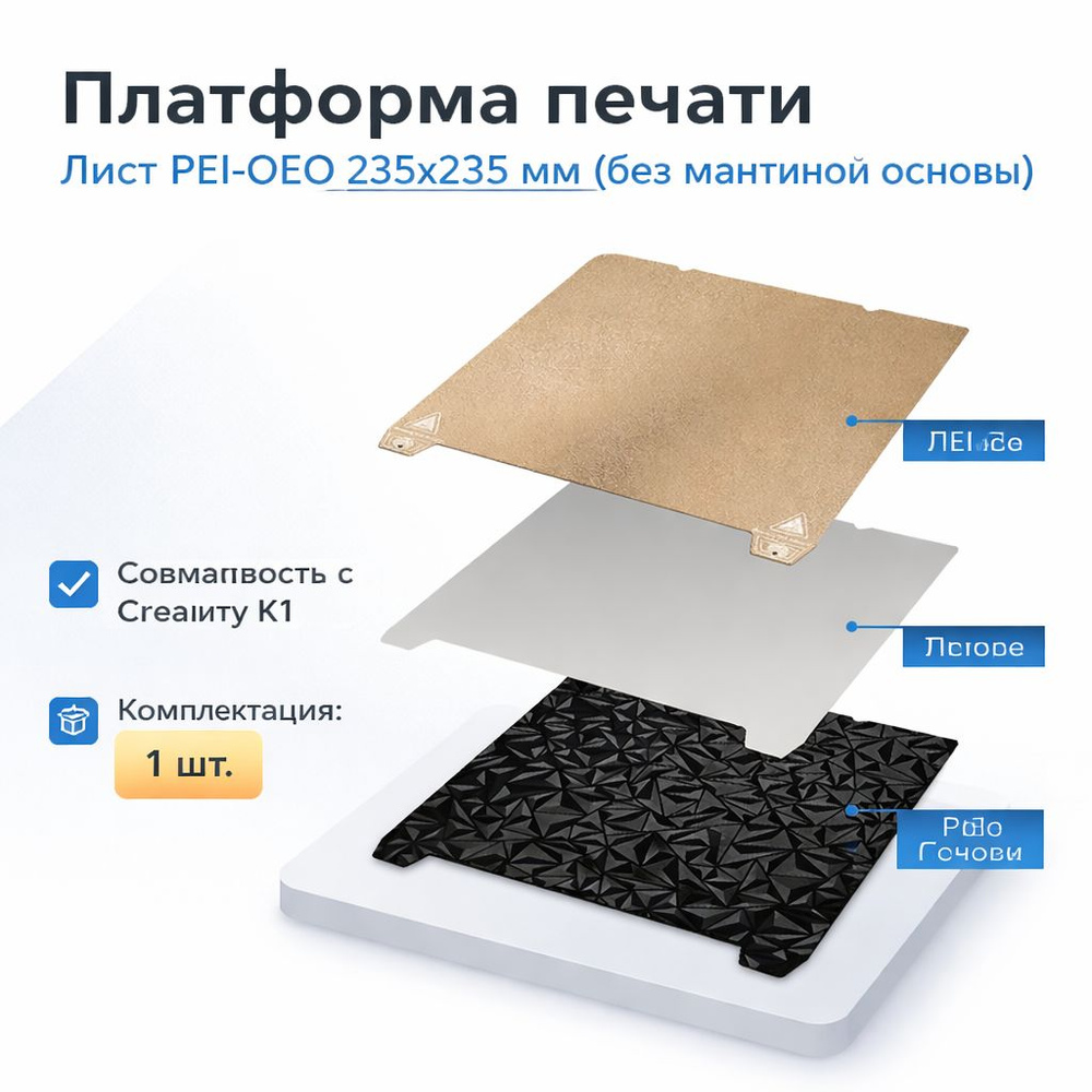 Пластина (Лист) PEI-PEO 235x235 мм для Creality Ender 3/5/S1/S1 Pro, V3, K1, K1C , Flashforge Adventurer #1