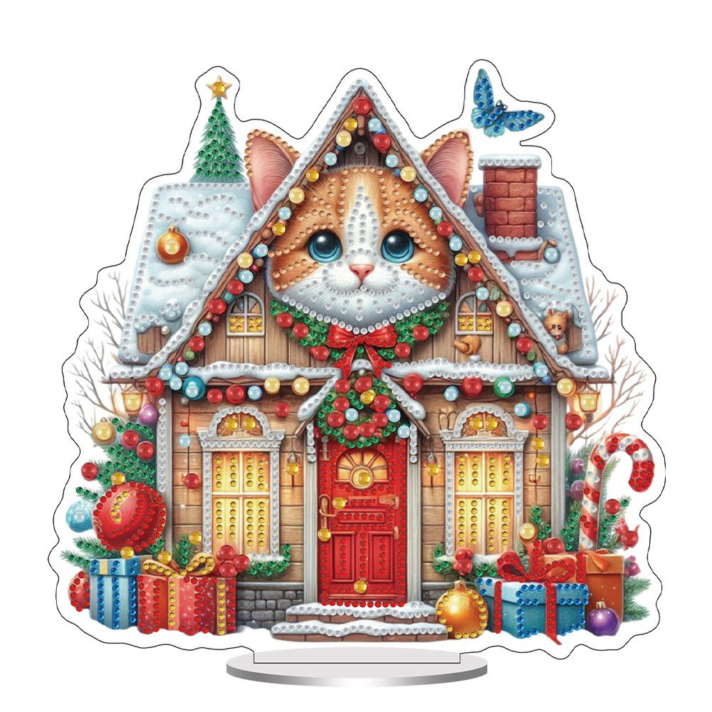 Диамантная картина Рождественский домик для кошек , 24 24 см, DIY-набор со стразами #1