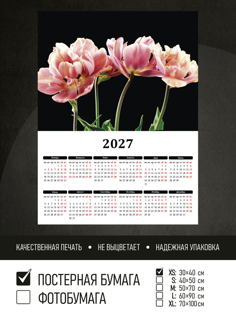 Календарь 2027 на стену Тюльпаны на черном фоне, 30х40 см ПолиЦентр #1