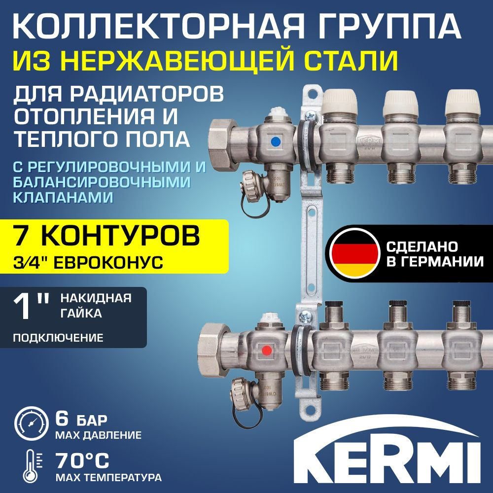 Коллектор НЕРЖ 1" х 7 вых. 3/4" Евроконус с регул. и балансир. клапанами KERMI Standard / Распределительная #1