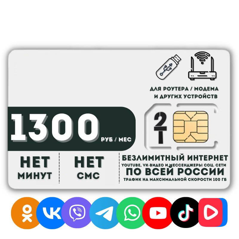 SIM-карта Комплект Сим карта Безлимитный интернет Youtube, VK-видео, мессенджеры и соц сети 1300 руб. #1