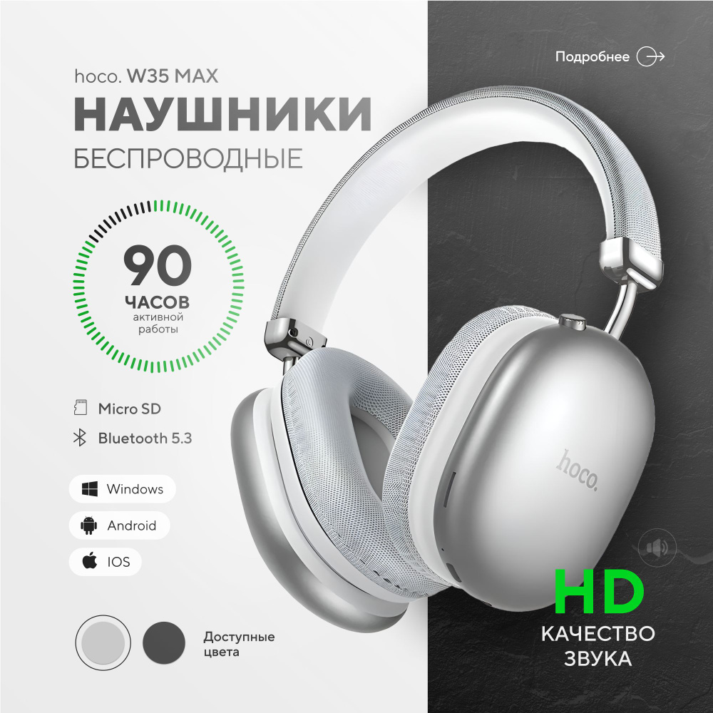 Наушники беспроводные накладные большие Hoco W35 Max с микрофоном, серые