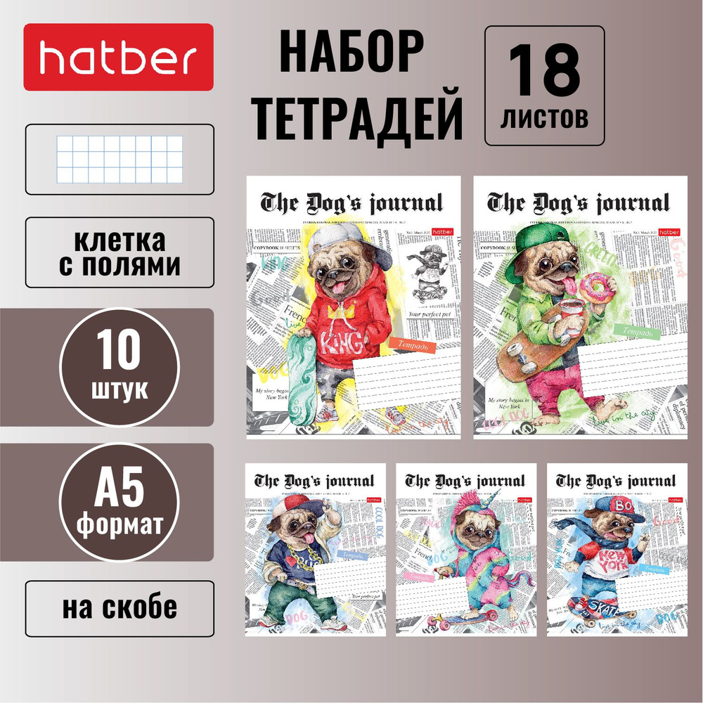 Набор тетрадей Hatber 18л А5 клетка 65г/кв.м на скобе 5 дизайнов в блоке/10 шт. скругленные углы серия #1