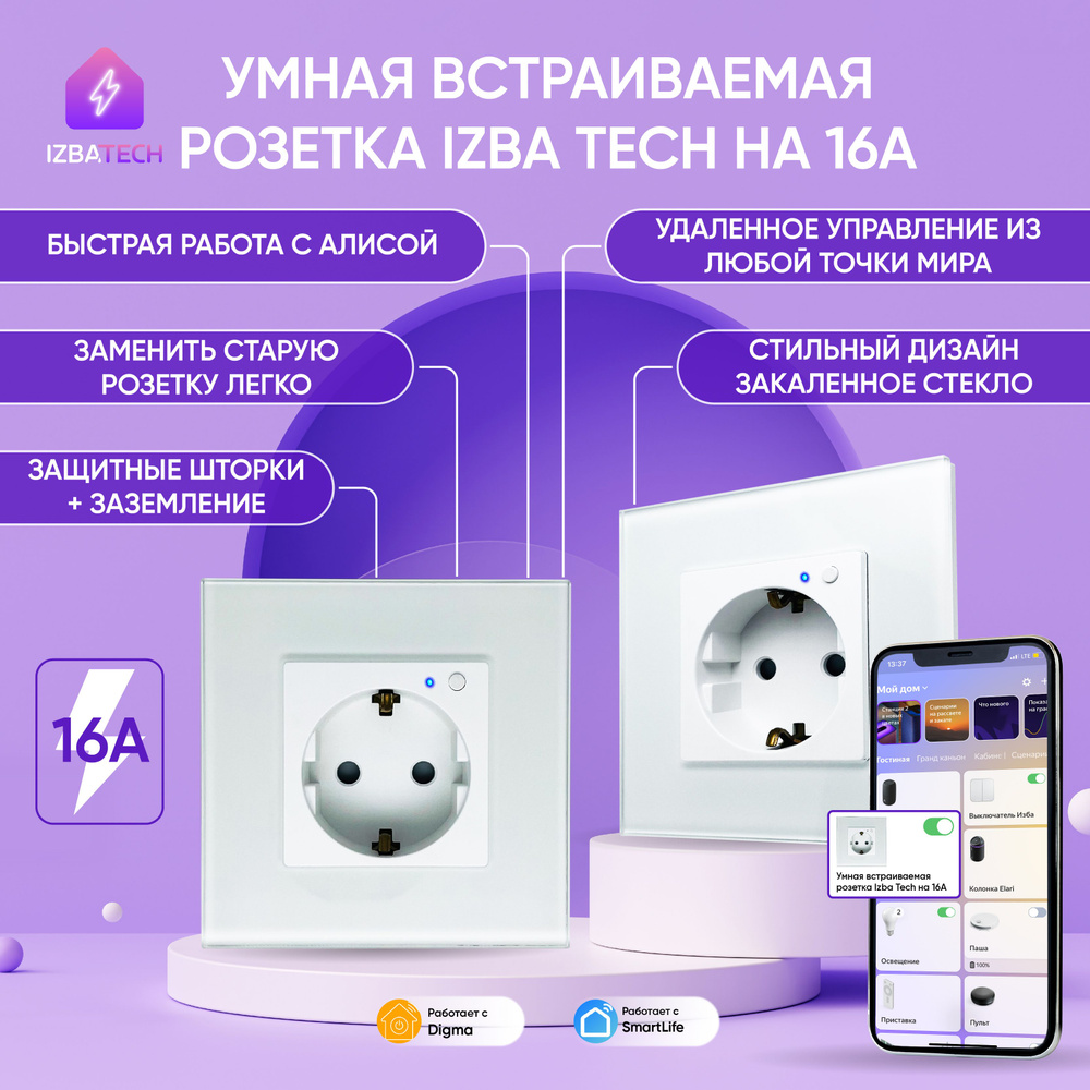 Умная встраиваемая WIFI розетка с голосовым управлением Алиса в стеклянном  корпусе белая