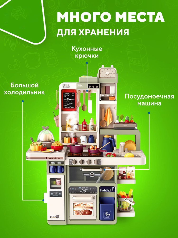 Игровая Кухня Детская с 88 Предметами, Посудой, Паром и Подачей Воды - Зеленое - Подарок на День Рождения #1