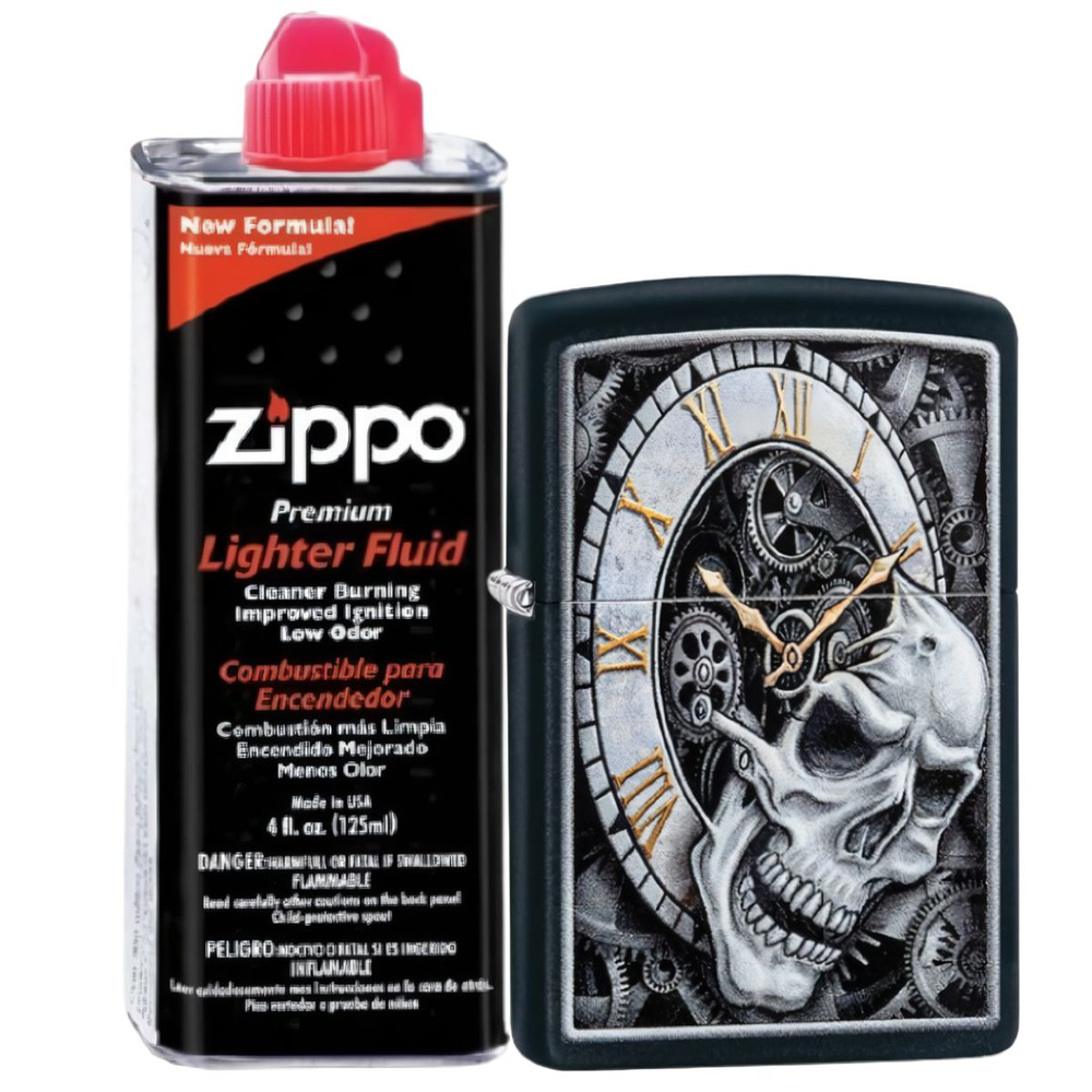 Бензиновая зажигалка ZIPPO Skull Clock Black Matte + бензин Zippo 125 мл 29854-3141  #1