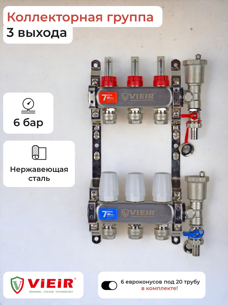 Коллекторная группа на 3 выхода с комплектом евроконусов под 20 трубу.  #1