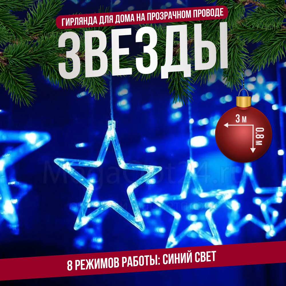 Гирлянда интерьерная на окно "Звезды" 3 метра, 8 режимов, синий свет  #1