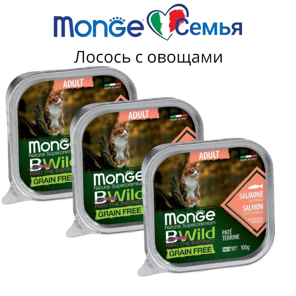 Влажный корм Monge Cat BWild GRAIN FREE для кошек, беззерновой, из лосося с овощами, консервы 100 г х #1