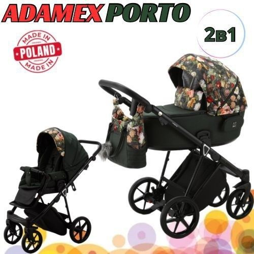 Коляска универсальная 2 в 1 Adamex Porto Flowers, зеленый #1