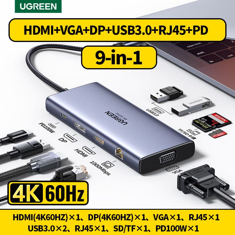 USB-Концентратор UGREEN 9-in-1 (15602),4K(60HZ)HDMI, DP,VGA,RJ45, USB 3.0,PD100W Hub #1