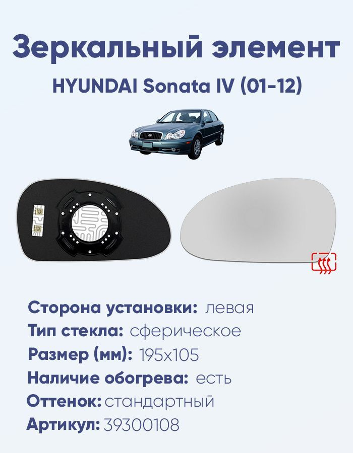 Зеркальный элемент левый HYUNDAI Sonata IV (01-12) сфера нейтральный с обогревом  #1