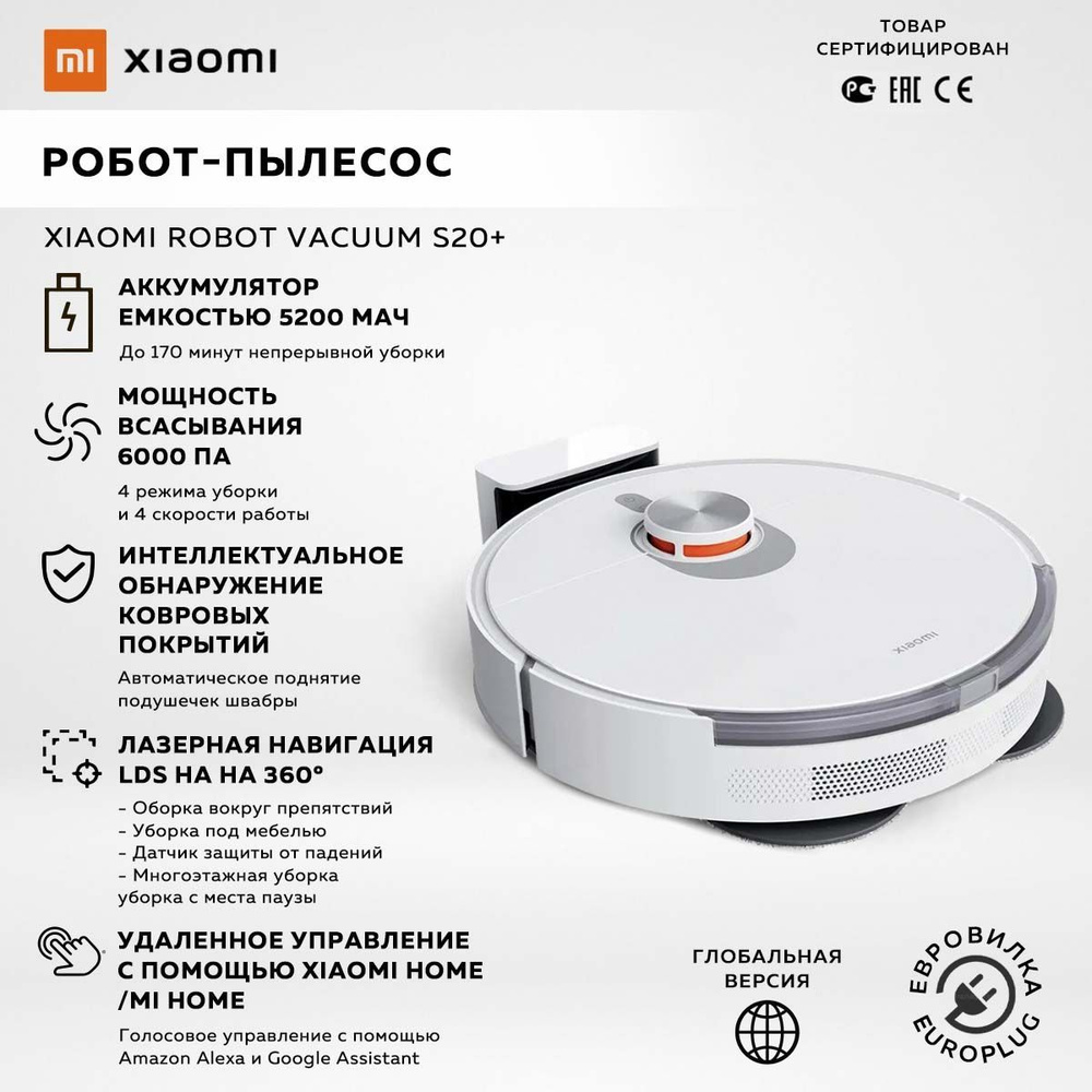 Моющий робот-пылесос Xiaomi Robot Vacuum S20+, белый (работает с Алисой ...