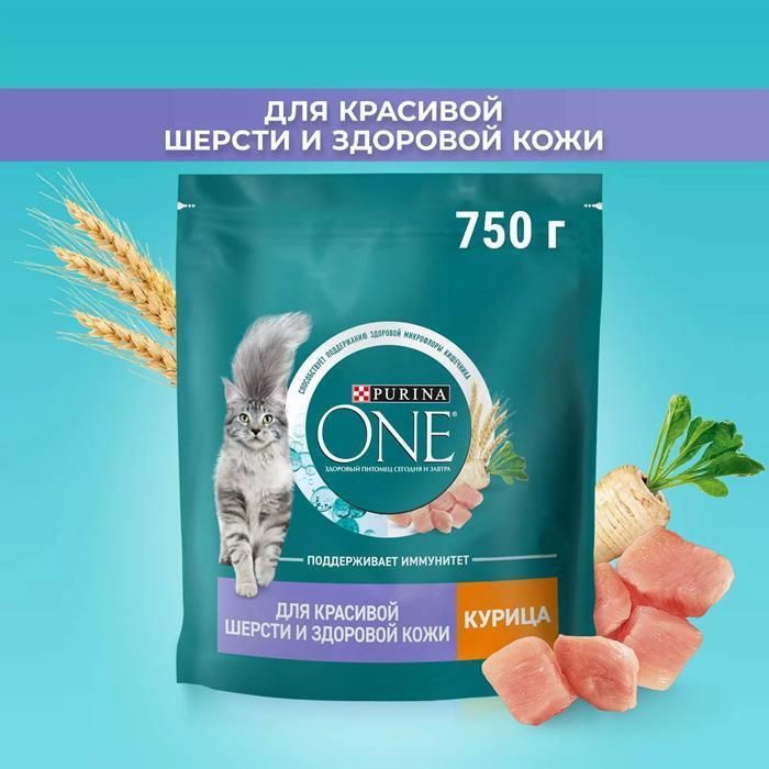 PURINA ONE сухой корм для взрослых кошек для красивой шерсти, здоровой кожи и контроля образования волосяных #1