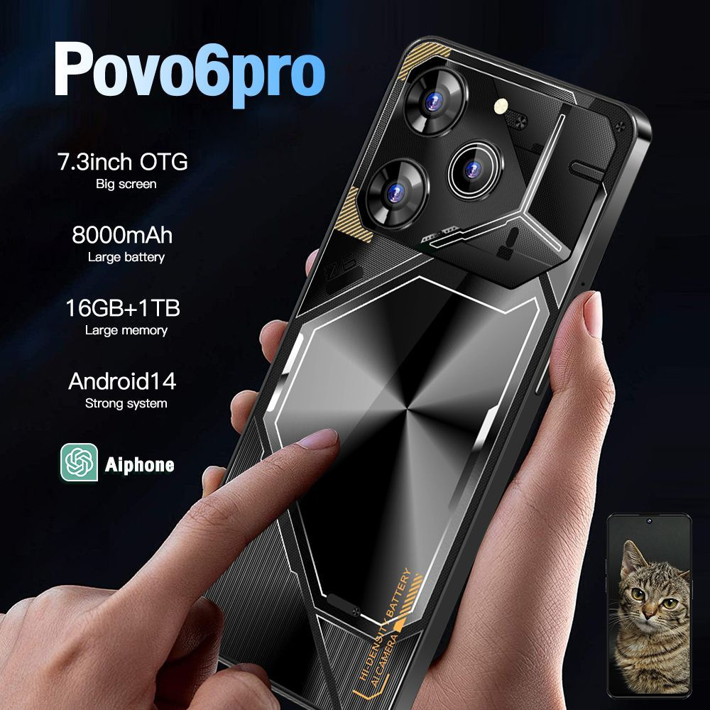 Смартфон Povo6pro, объем памяти 16+ 1024 ГБ, аккумулятор емкостью 8000 мАч,игровые смартфоны серии Android #1