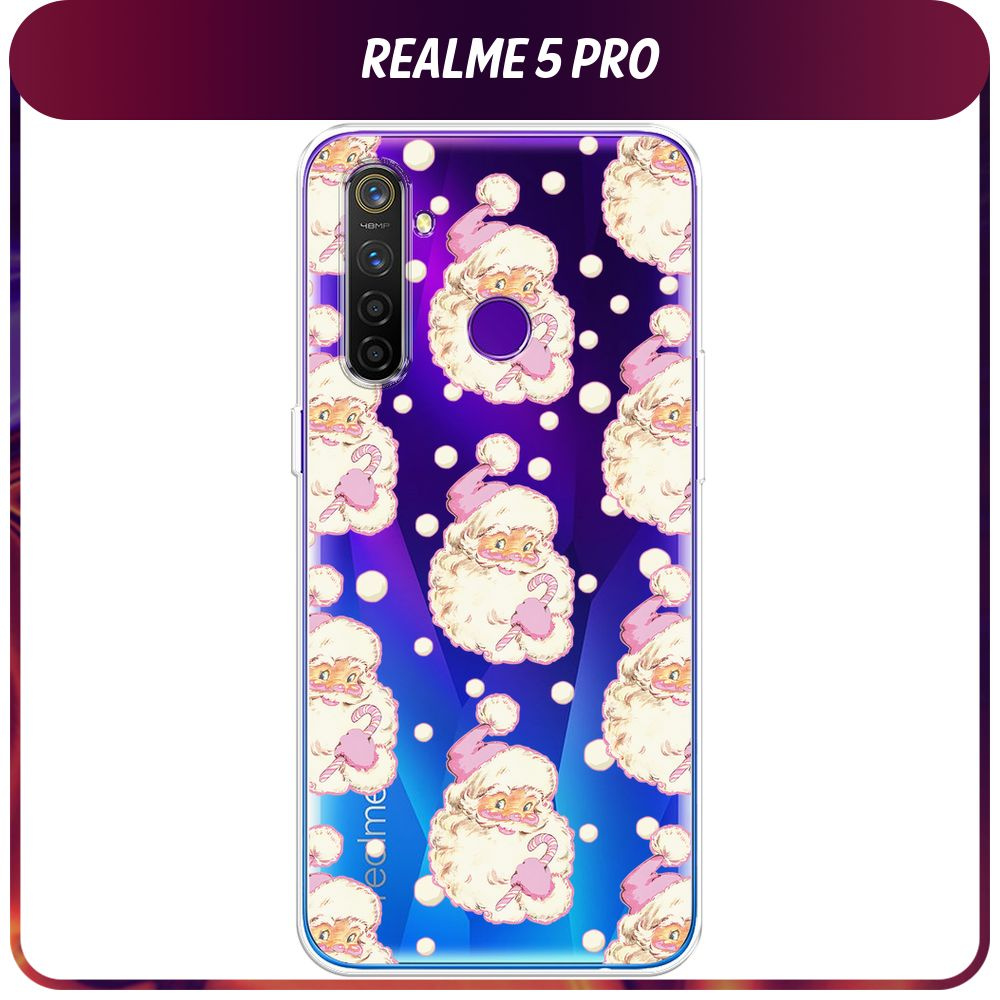 Силиконовый чехол на Realme 5 Pro / Реалми 5 Про - "Новогодний - Санты розовый паттерн 2", прозрачный #1