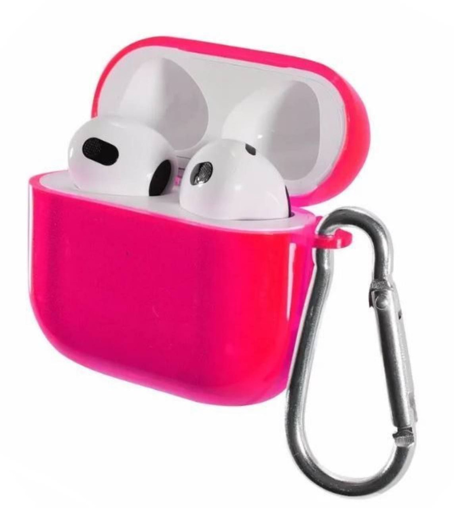 Чехол силиконовый для AirPods 4, ярко-розовый полупрозрачный с карабином  #1