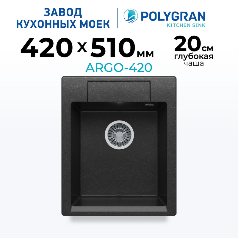 Мойка для кухни каменная POLYGRAN ARGO-420, Черная, Врезная, Квадратная ...
