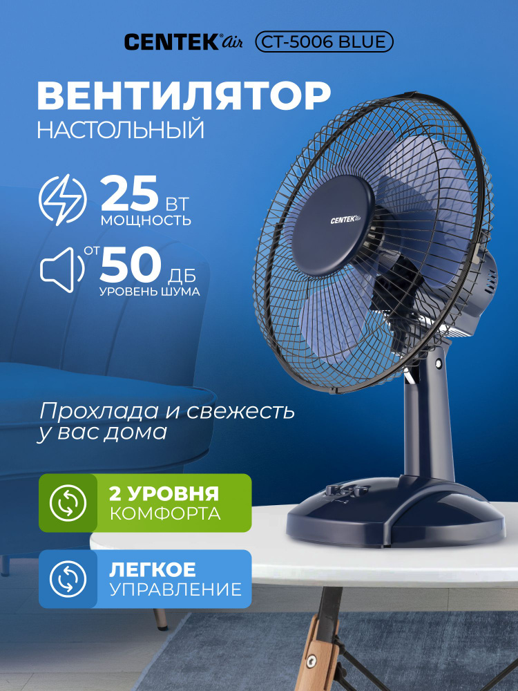 Вентилятор настольный Centek CT-5006 Blue, металлическая решетка-сетка 27 см, мощность 25Вт, 2 скорости, #1