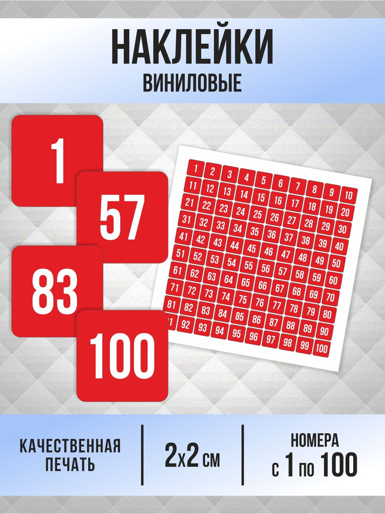 Наклейки с номерами от 1 до 100 квадратные 20х20 мм, цвет красный, ПолиЦентр #1