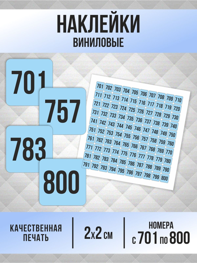 Наклейки с номерами от 701 до 800 квадратные 20х20 мм, цвет голубой, ПолиЦентр #1