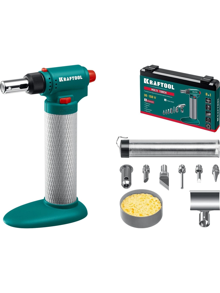 Газовый паяльник KRAFTOOL Multi torch, 30 - 150 Вт, 1300 С, набор 8 в 1: горелка, фен, пьезоподжиг #1