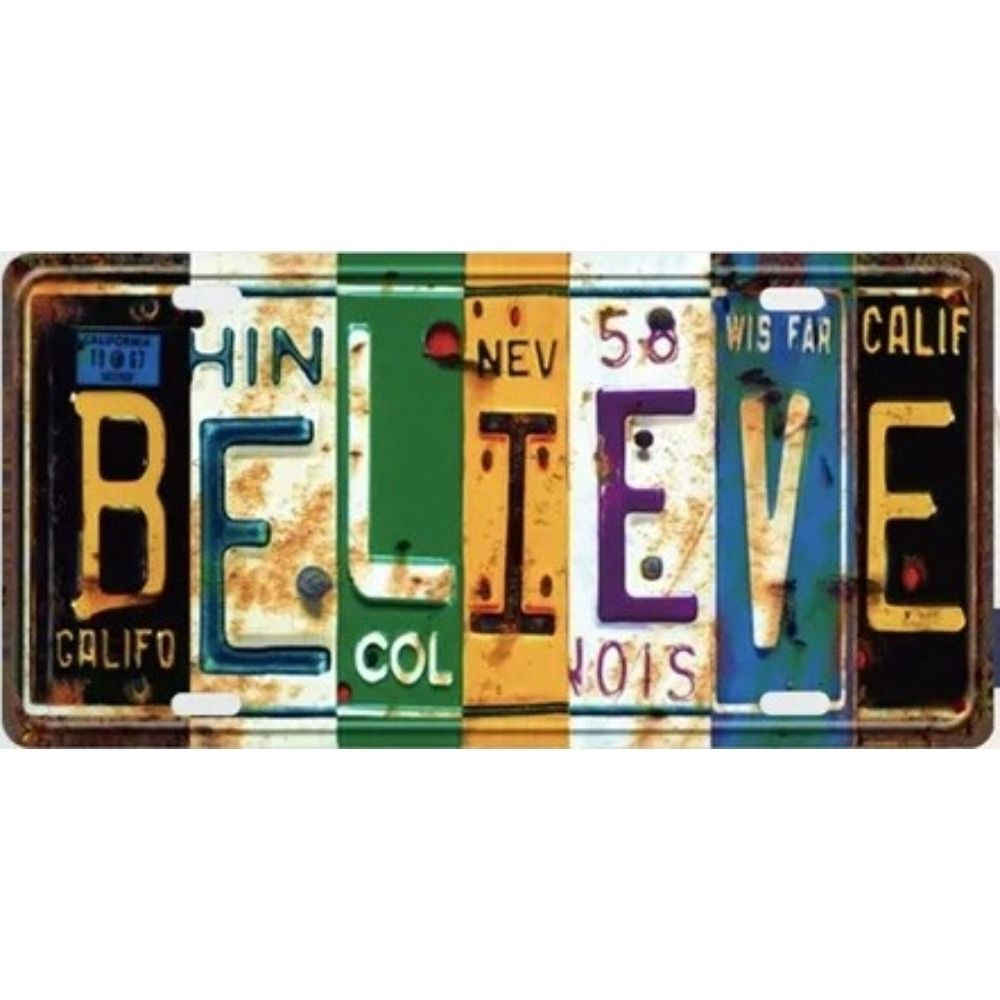 Табличка "Believe License Plate Collage", ретро стиль, металл, мотивационный декор, 15х30 см. #1