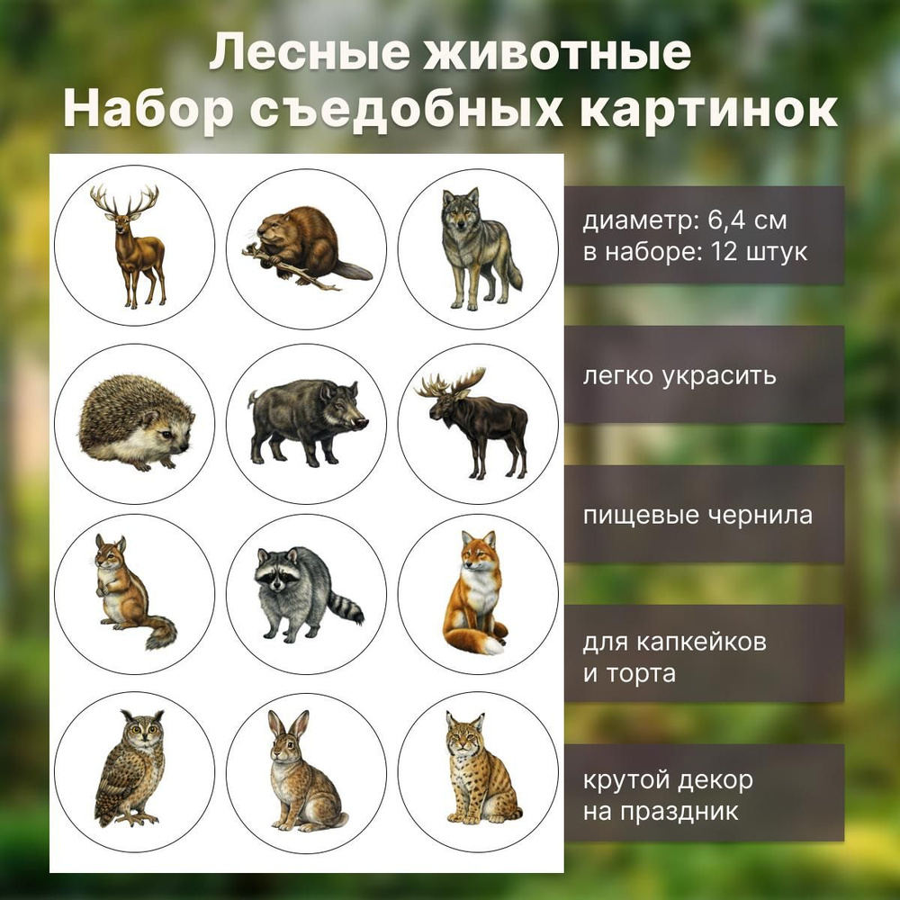 Набор съедобных картинок Лесные животные 12 шт #1