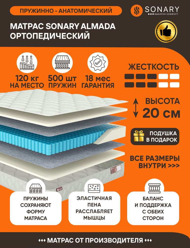 Матрас Sonary Almada 205х190 серии Urban высота 20.12 см нагрузка 120.06 кг на кровать, анатомический, #1