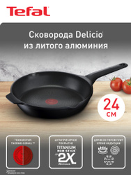 Сковорода Tefal Delicio 24 см с антипригарным покрытием, индикатором нагрева, носиком для слива жидкости, подходит для газовых и электрических плит