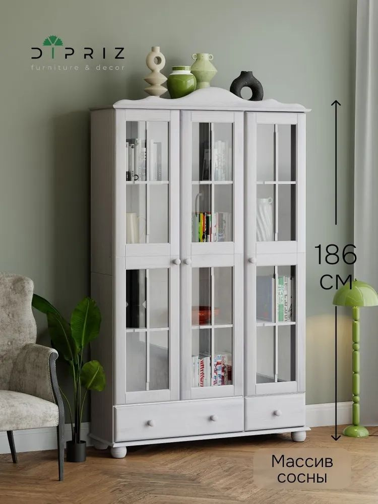 Шкаф витрина, 113х32х186, Бритта, трехдверный, белый