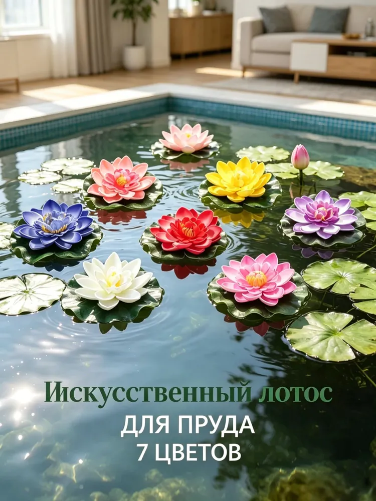 Пластиковые искусственные лотосы с листьями для декора бассейнов и водоемов в наборе 7 штук, вариант, фото 2