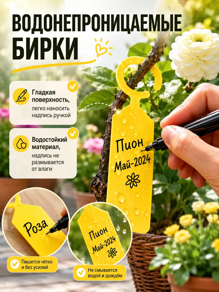 Желтые садовые бирки из толстого PP пластика, 11х2,4 см, 100 шт, водонепроницаемые, влагостойкие, для маркировки растений в саду, огороде и теплице, 11x2.4 см, 100 шт, фото 3
