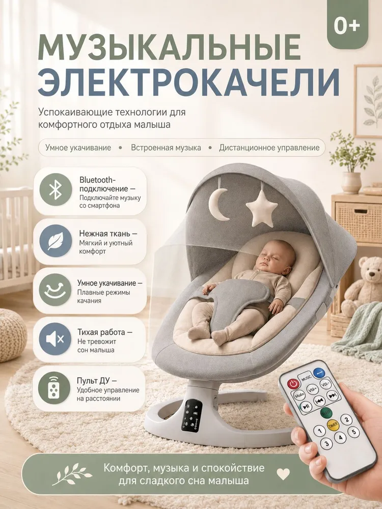 Шезлонг-качалка, для новорожденных электрический, кресло-качалка, вариант, фото 2