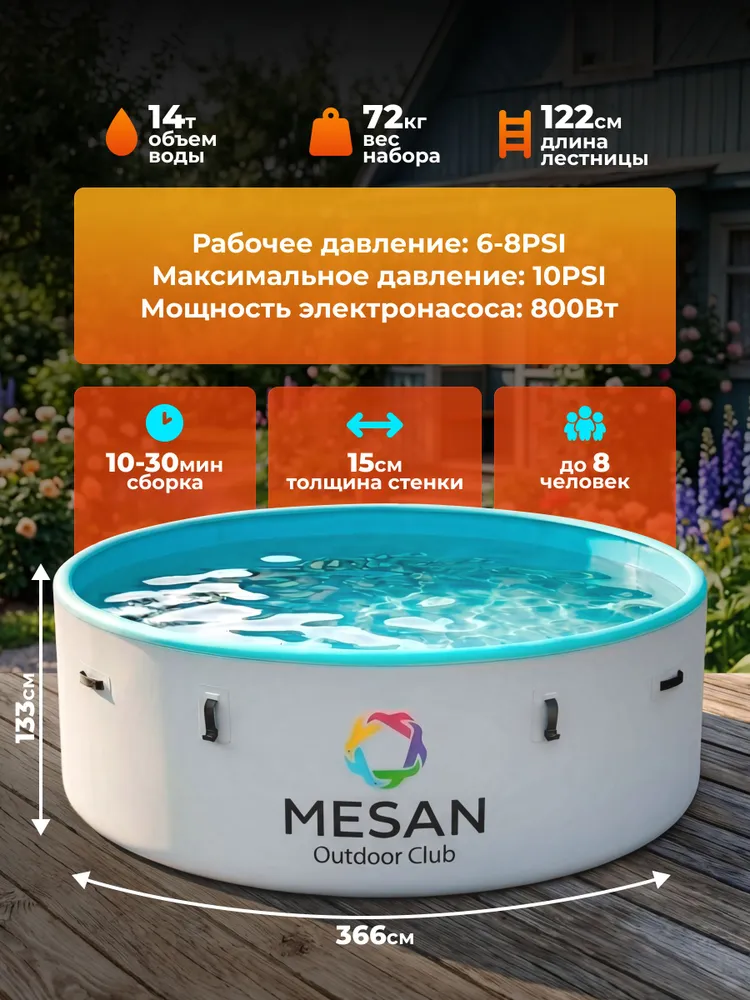 Бассейн надувной круглый с фильтром и лестницей, 366х122, до 8 человек, 366x133, фото 2