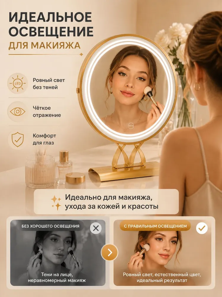 Зеркало для макияжа с LED подсветкой, настольное косметическое зеркало, 3 цвета света, 41 см x 49 см, 41 см, 49 см, фото 2