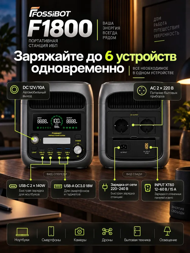 Портативная электростанция FOSSiBOT F1800, 1800 Вт, 1024 Втч, ИБП 220В, 1800 Вт, фото 3