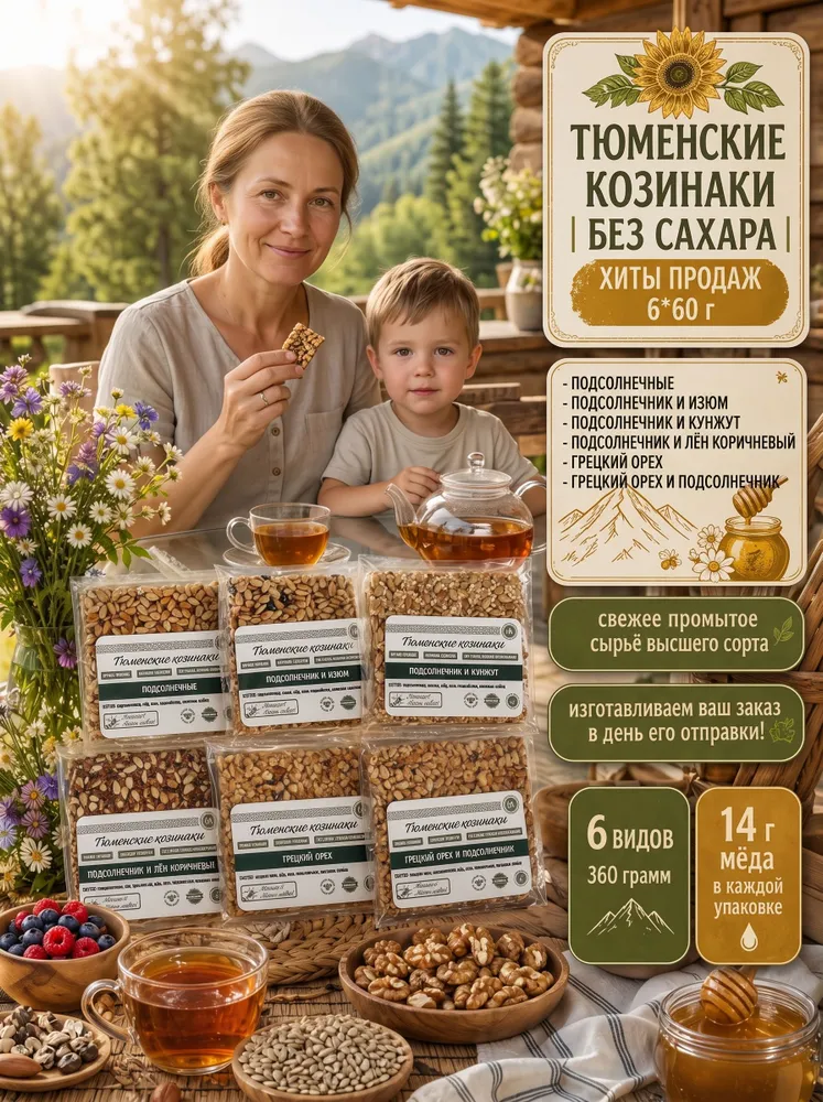 Козинаки без сахара с мёдом. Ассорти ХИТЫ ПРОДАЖ 6 видов., вариант