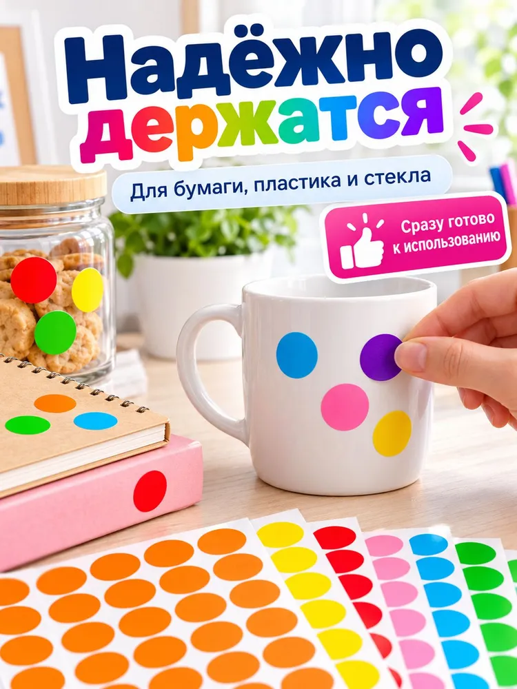 Круглые самоклеящиеся наклейки точки 350 шт, 10 листов, цветные, для маркировки мебели, декора, 350 шт, фото 4